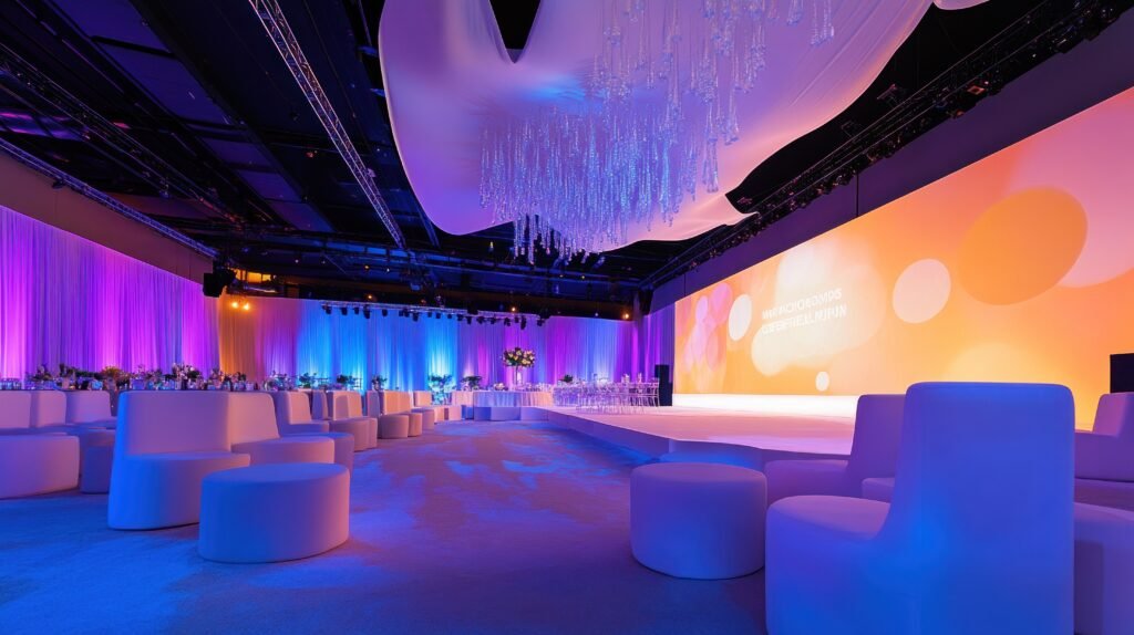 Event Venue with White Seats and a Crystal Chandelier